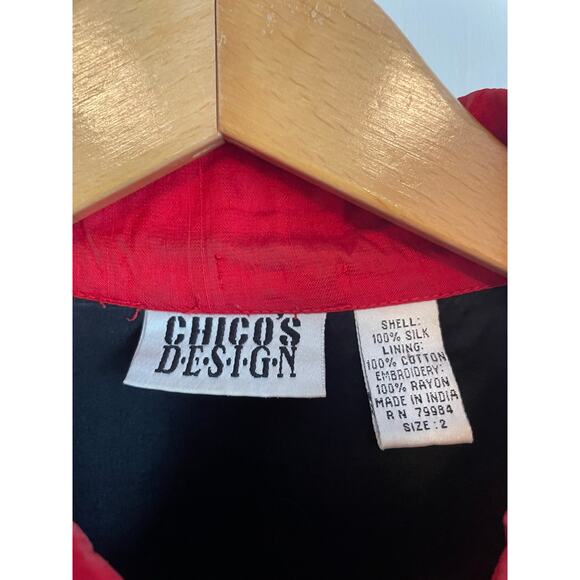 Chico's Design red 100% silk jacket embroidered beaded lined collar 2 US L 12 - Picture 6 of 7